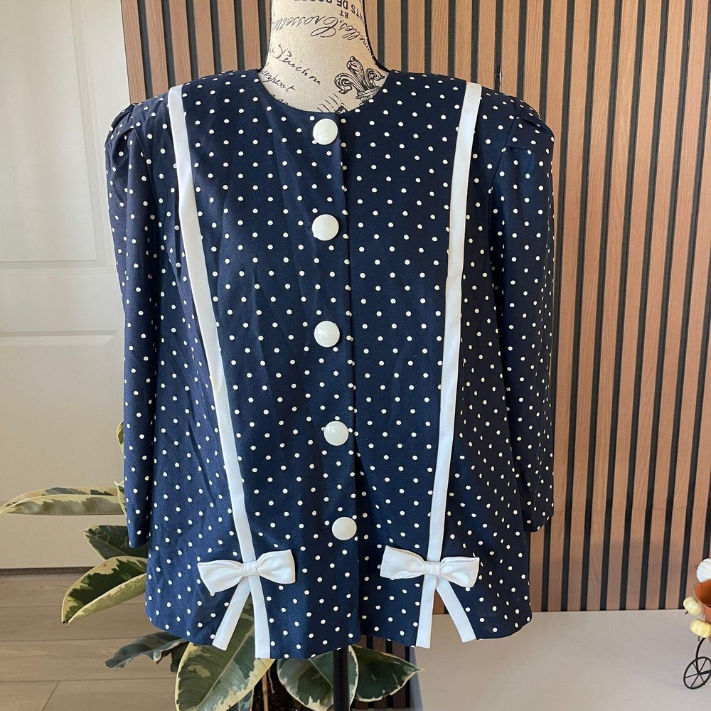 Vintage Cue Fashions Womens Polka Dot Bow Trim Jacket Blazer Size 16W